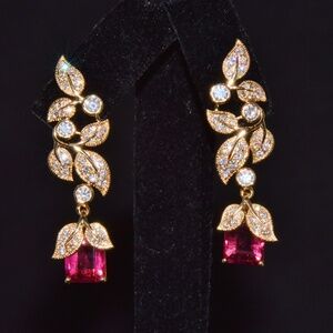 CERTIFIED NATURAL 6.5CTS VS F DIAMOND RUBELLITE TOURMALINE FLORAL DANGLE EARRING